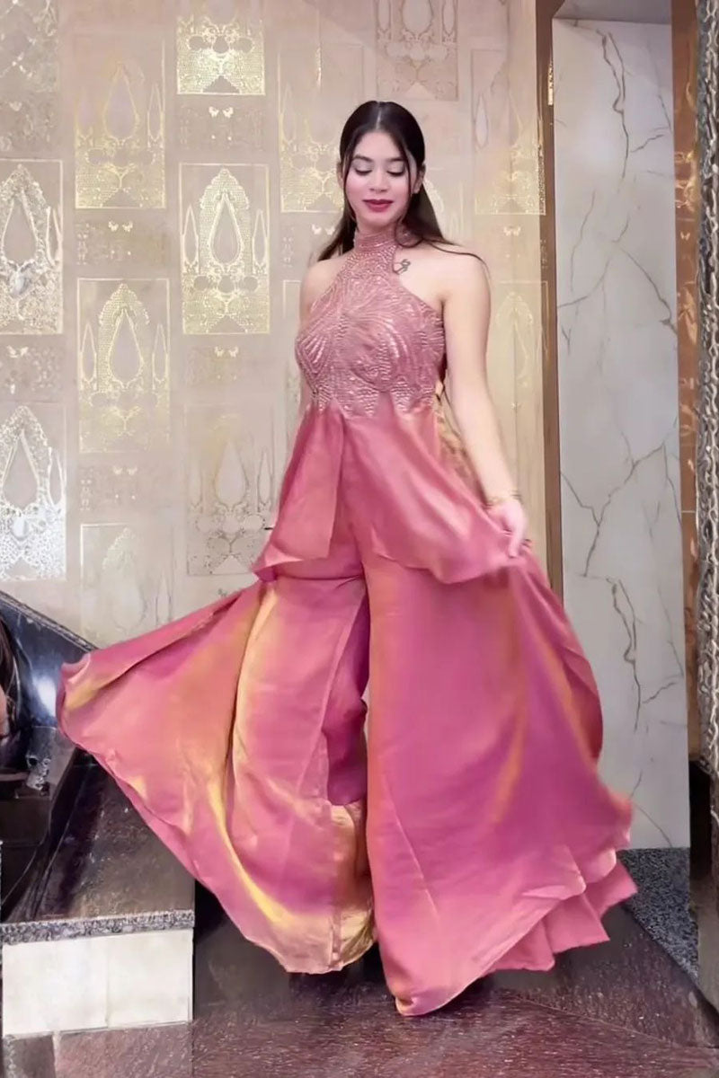 Pink Fancy Fabric Readymade Indo Western Palazzo Set