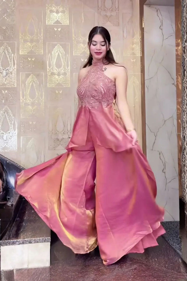 Pink Fancy Fabric Readymade Indo Western Palazzo Set