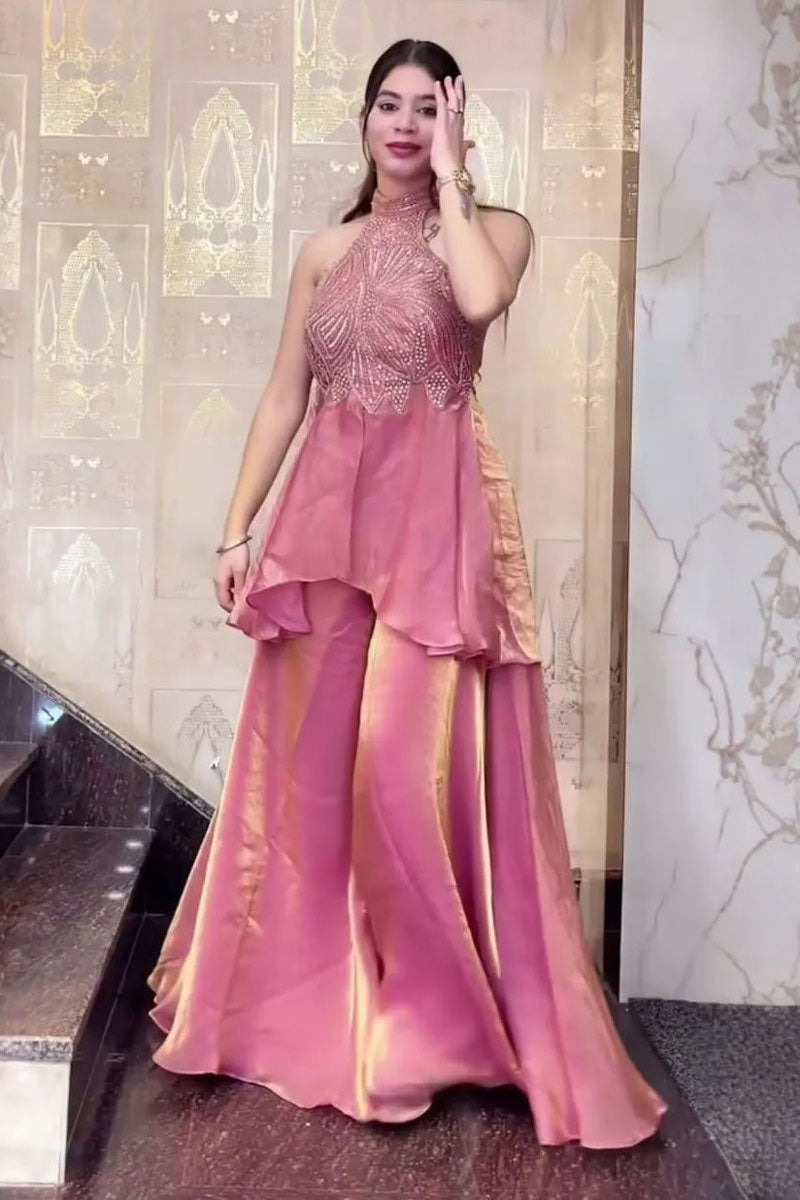 Pink Fancy Fabric Readymade Indo Western Palazzo Set