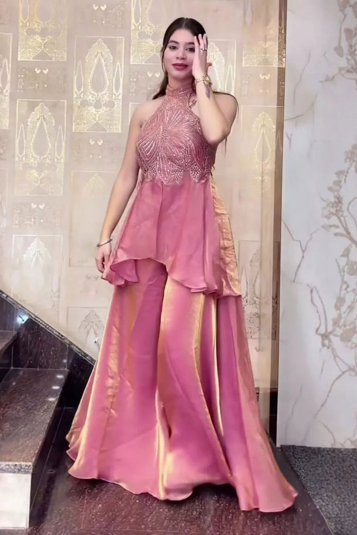Pink Fancy Fabric Readymade Indo Western Palazzo Set