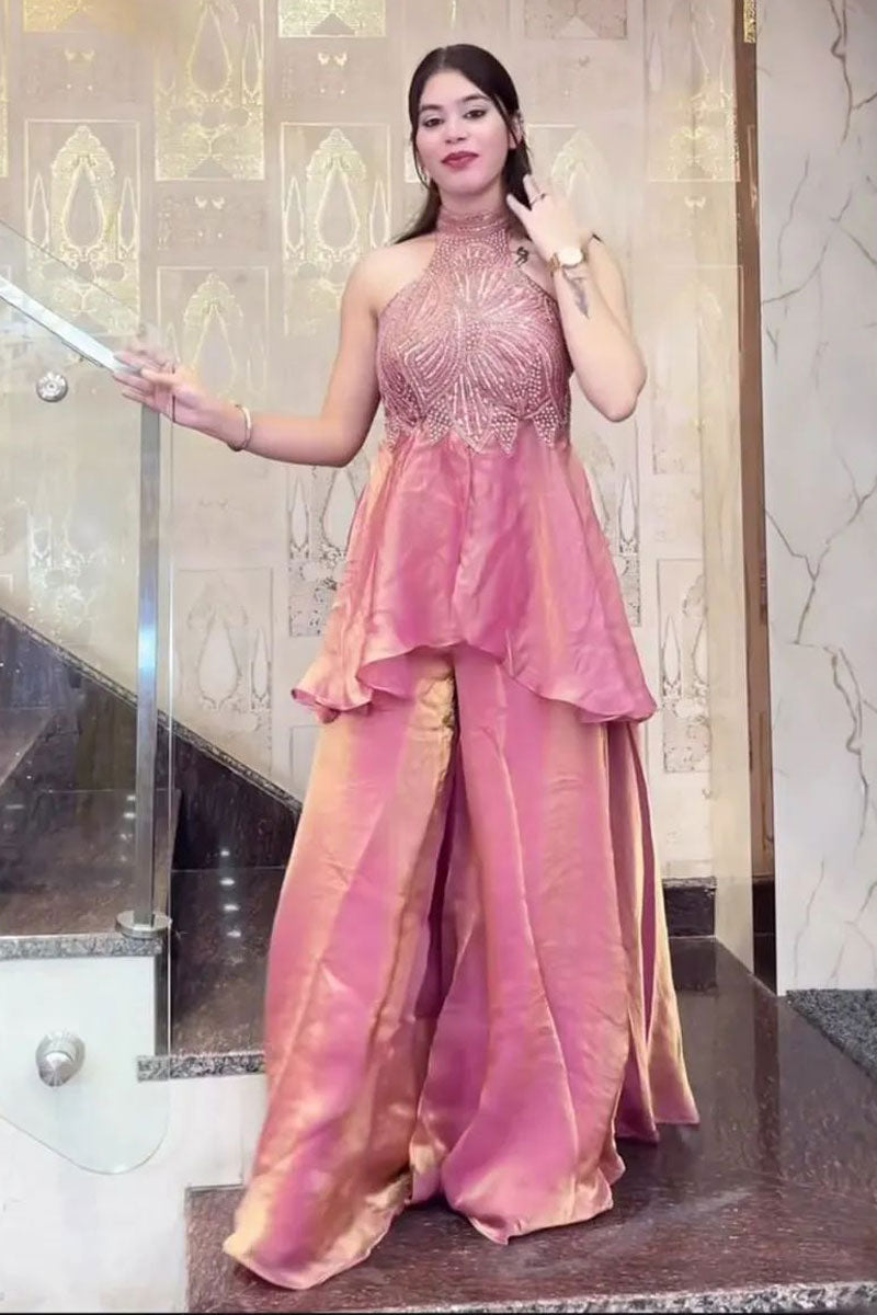 Pink Fancy Fabric Readymade Indo Western Palazzo Set