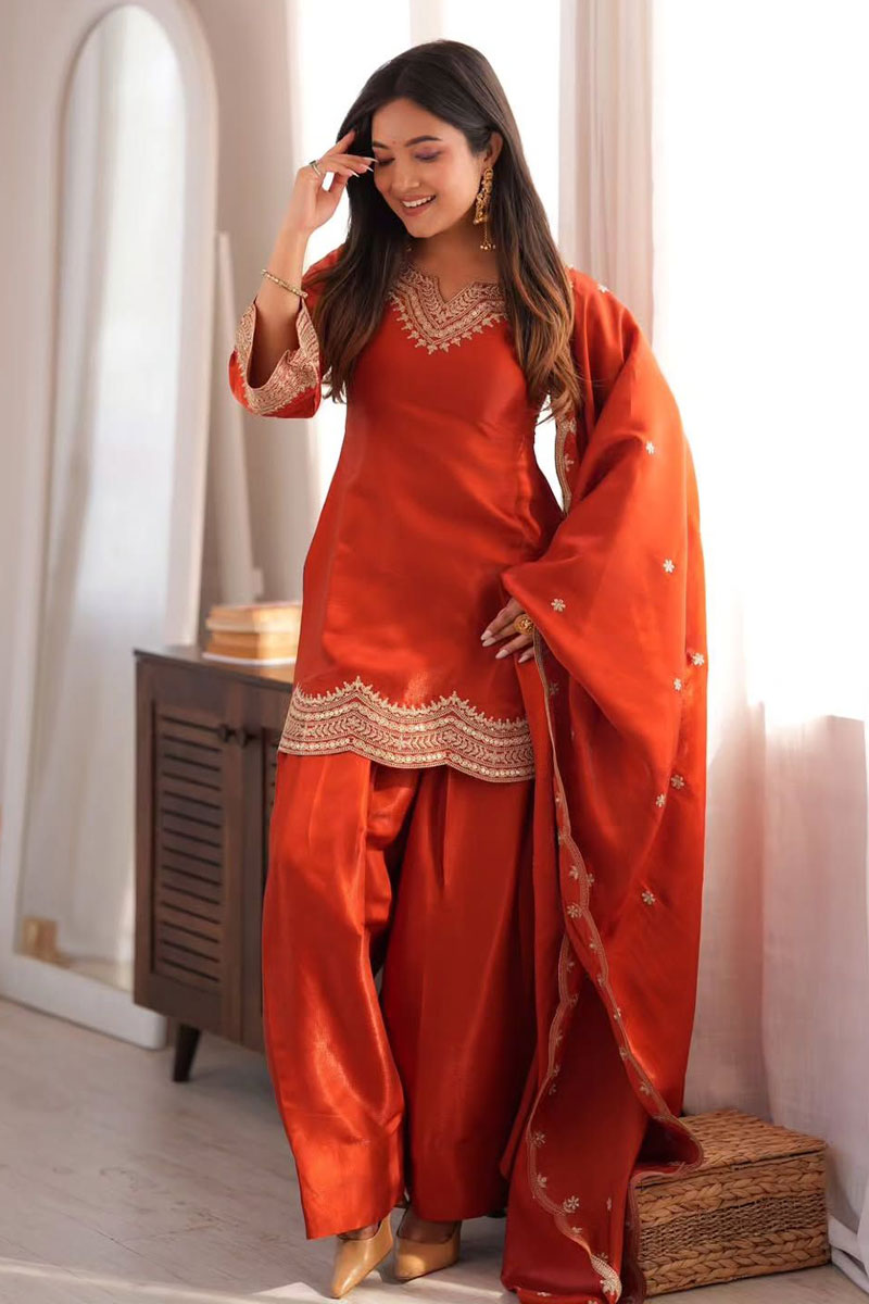 Sober Orange Fancy Fabric Salwar Suit For Festive