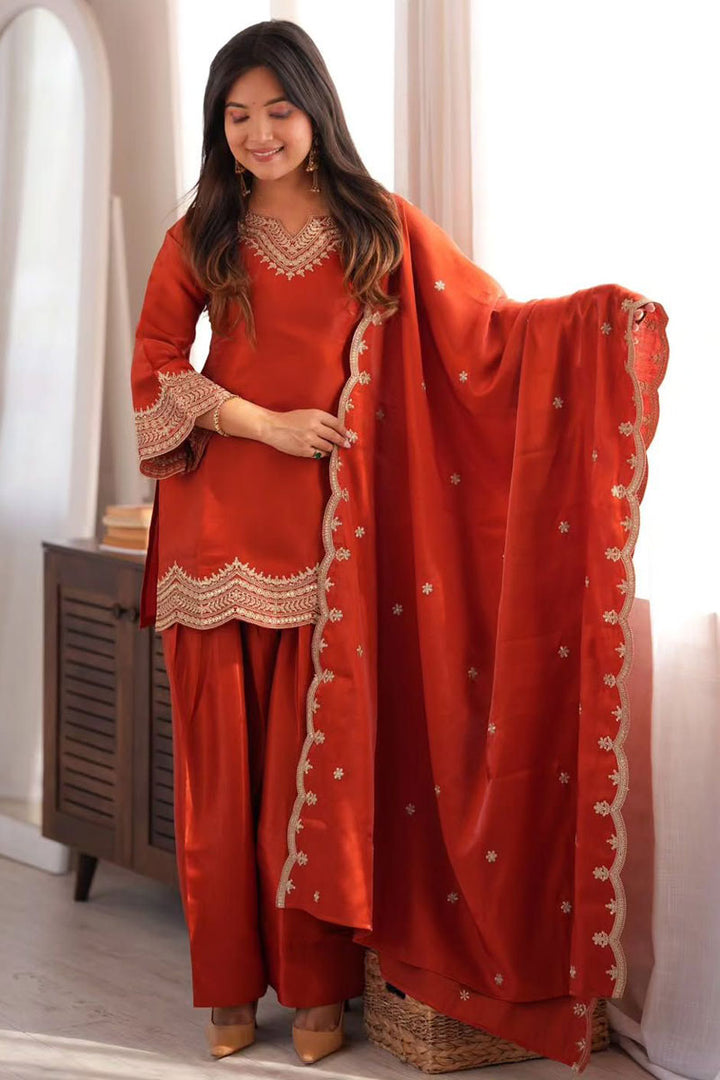 Sober Orange Fancy Fabric Salwar Suit For Festive