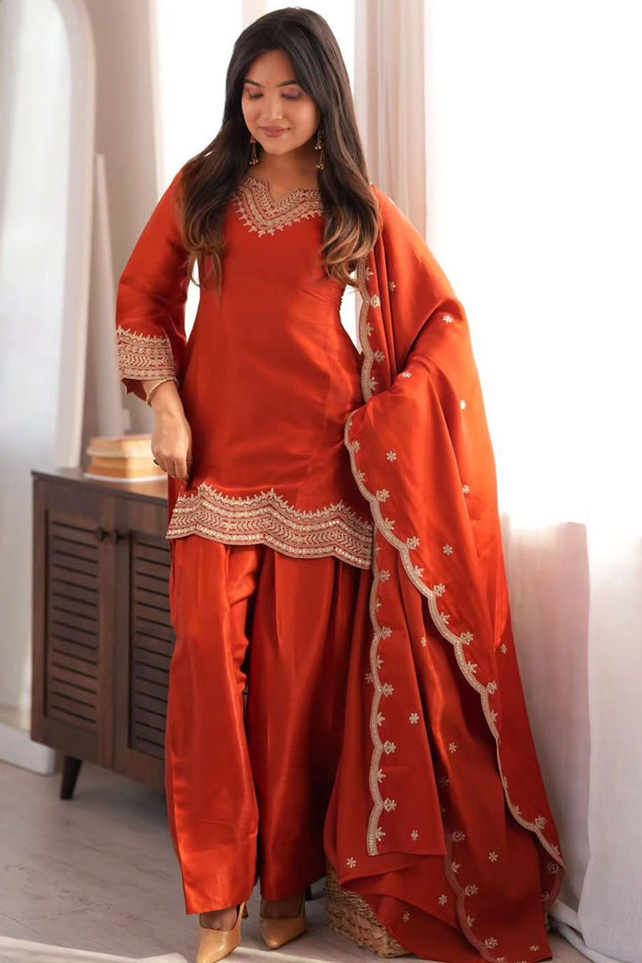 Sober Orange Fancy Fabric Salwar Suit For Festive