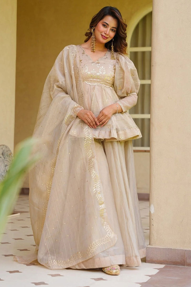 Fancy Work On Cream Color Readymade Sharara Suit