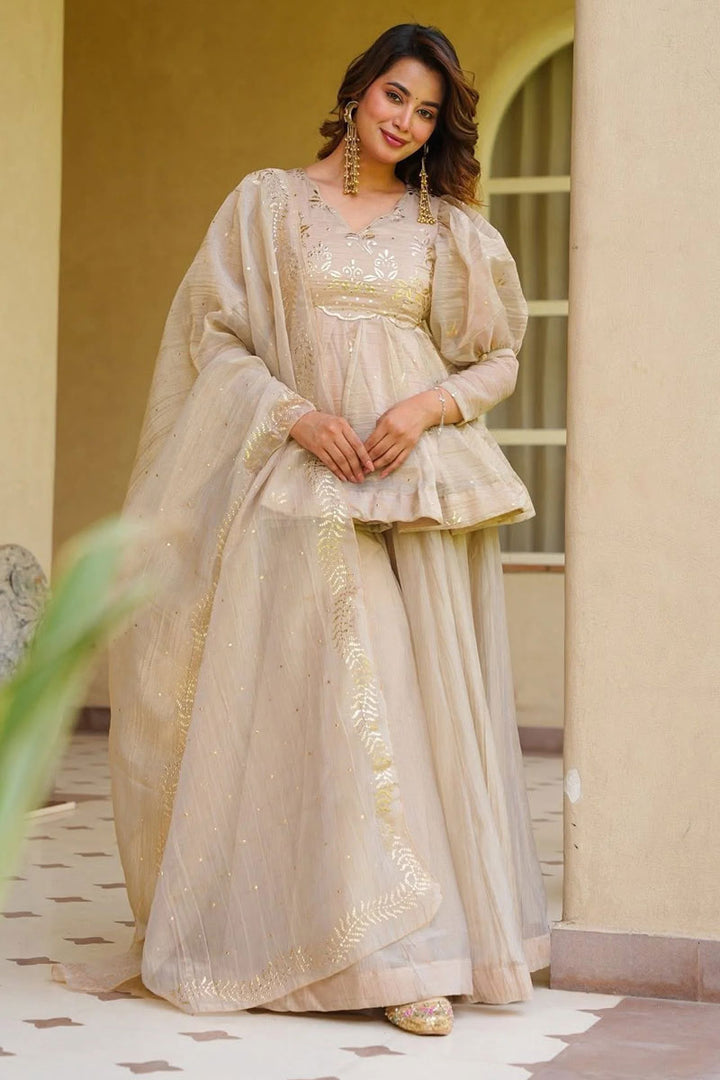 Fancy Work On Cream Color Readymade Sharara Suit