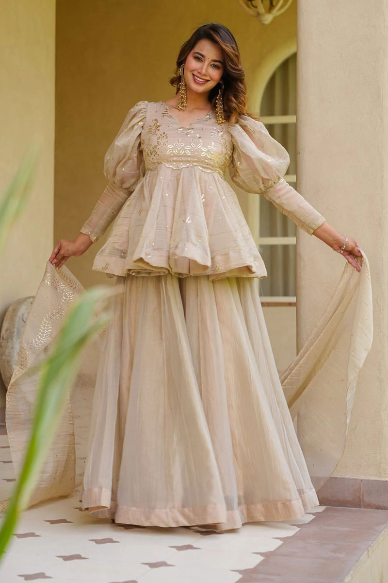 Fancy Work On Cream Color Readymade Sharara Suit