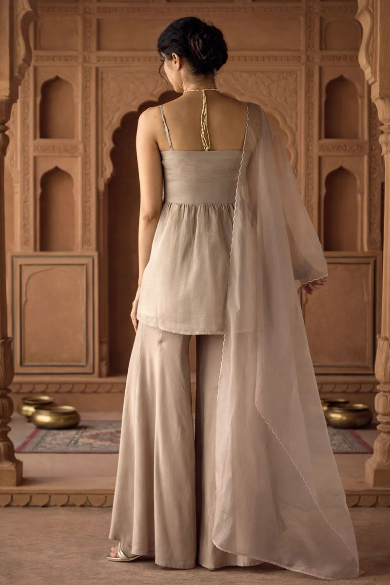 Beige Color Embroidered Viscose Organza Sharara Suit | Buy Online India