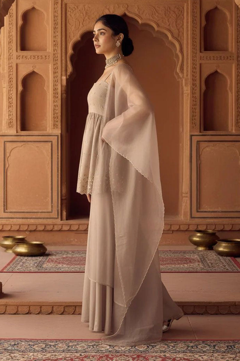 Beige Color Embroidered Viscose Organza Sharara Suit | Buy Online India