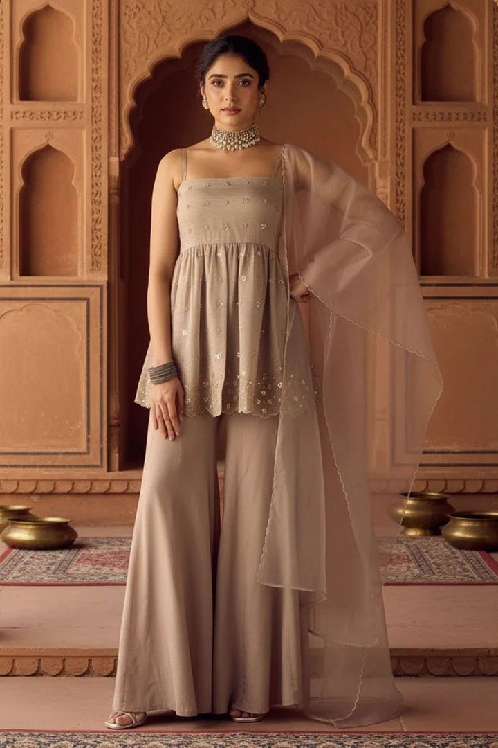 Beige Color Embroidered Viscose Organza Sharara Suit | Buy Online India