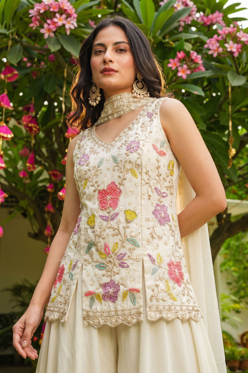 Awesome Art Silk Fabric Off White Flared Sharara Suit | Buy Online India
