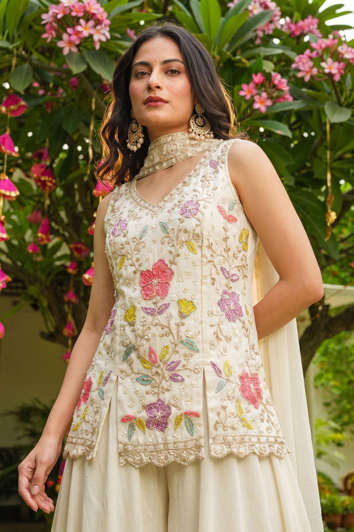 Awesome Art Silk Fabric Off White Flared Sharara Suit | Buy Online India