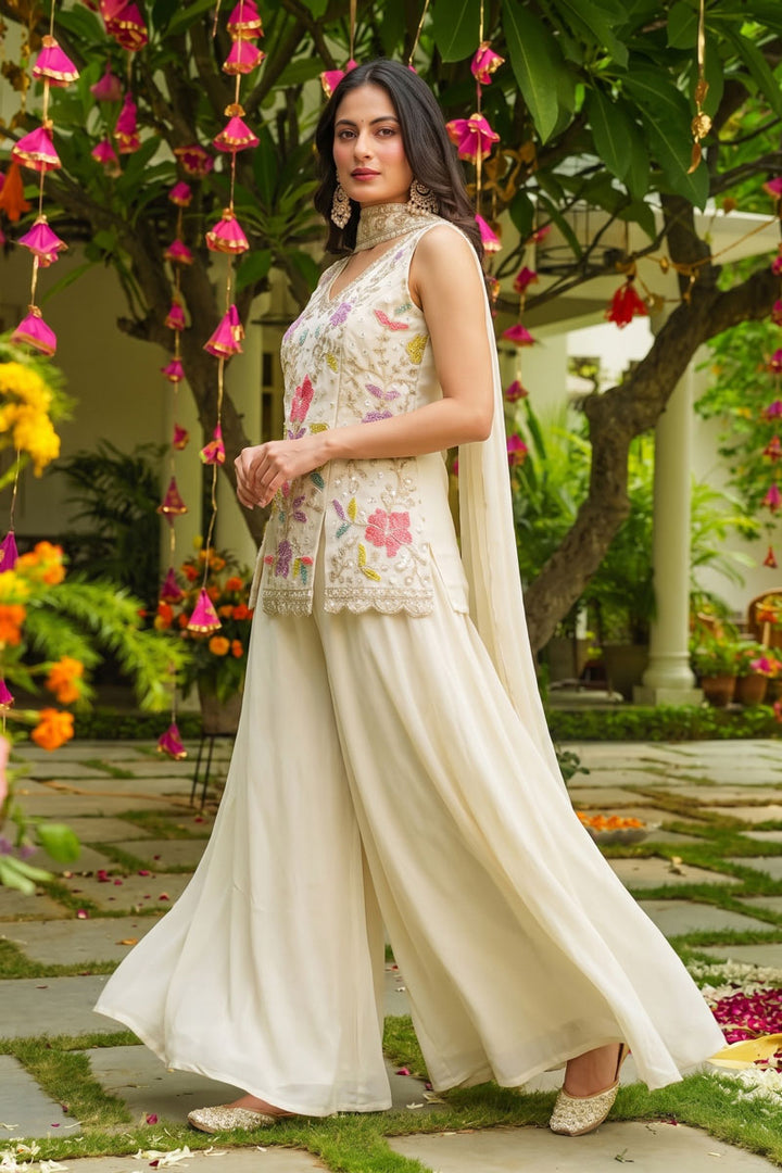 Awesome Art Silk Fabric Off White Flared Sharara Suit | Buy Online India
