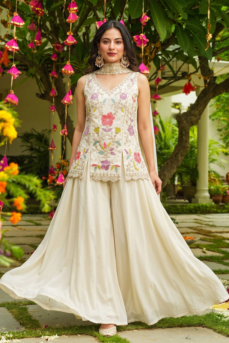 Awesome Art Silk Fabric Off White Flared Sharara Suit | Buy Online India