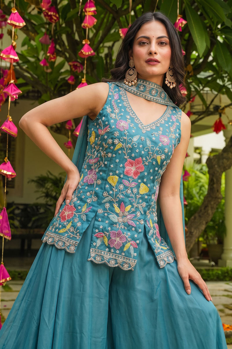 Readymade Tempting Art Silk Teal Color Flared Sharara Suit | Buy Online India