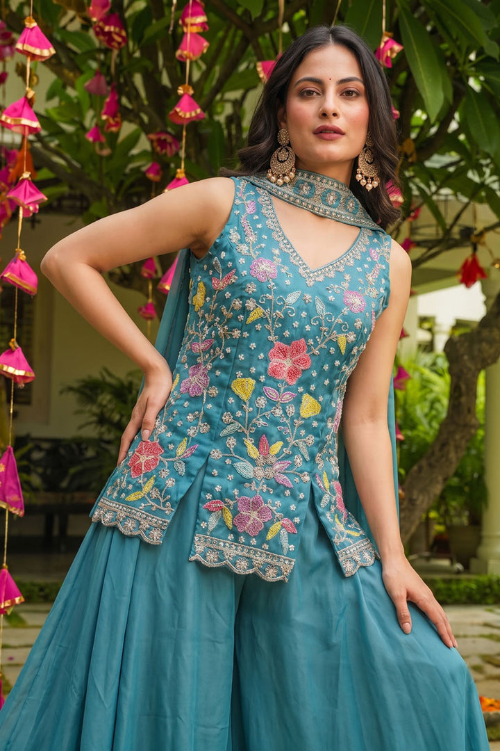 Readymade Tempting Art Silk Teal Color Flared Sharara Suit | Buy Online India