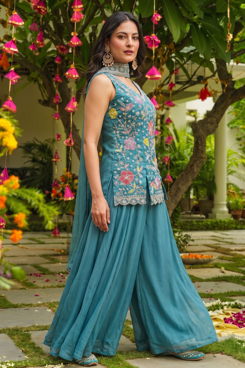 Readymade Tempting Art Silk Teal Color Flared Sharara Suit | Buy Online India