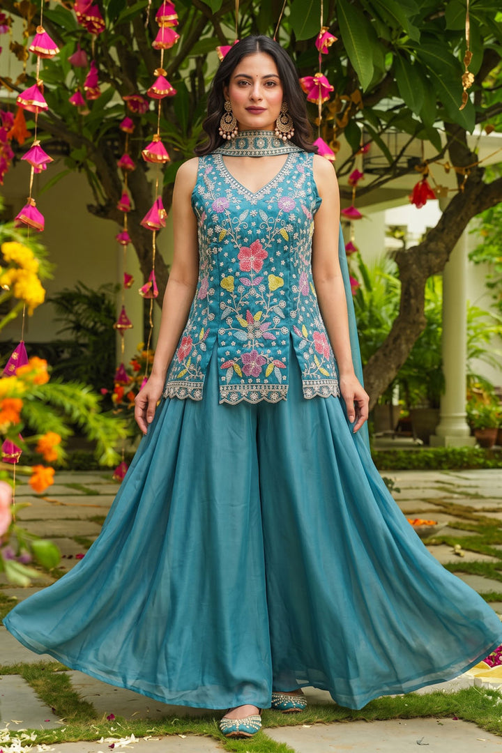 Readymade Tempting Art Silk Teal Color Flared Sharara Suit | Buy Online India