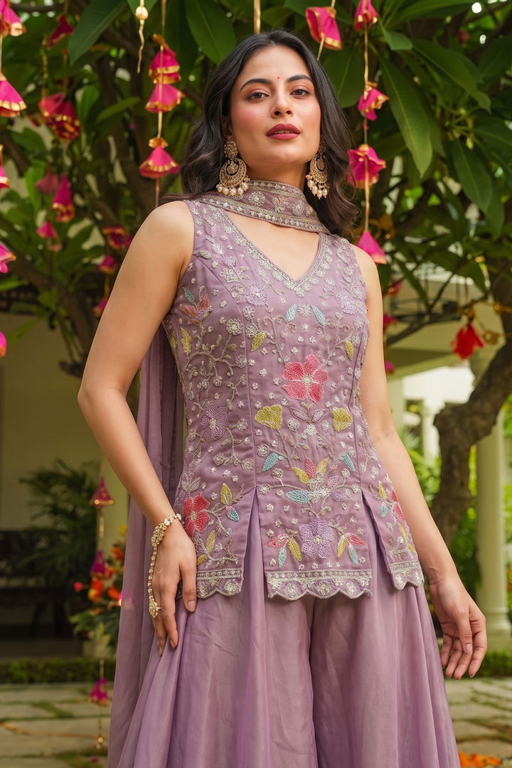 Engaging Lavender Art Silk Fabric Flared Sharara Suit | Buy Online India