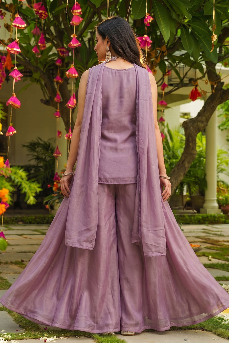Engaging Lavender Art Silk Fabric Flared Sharara Suit | Buy Online India