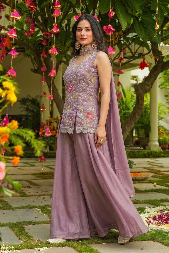 Engaging Lavender Art Silk Fabric Flared Sharara Suit | Buy Online India