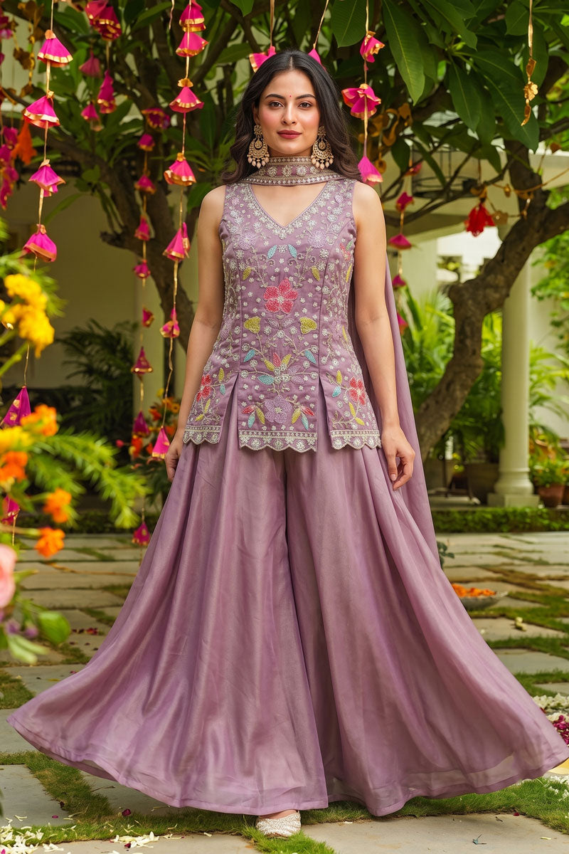 Engaging Lavender Art Silk Fabric Flared Sharara Suit | Buy Online India