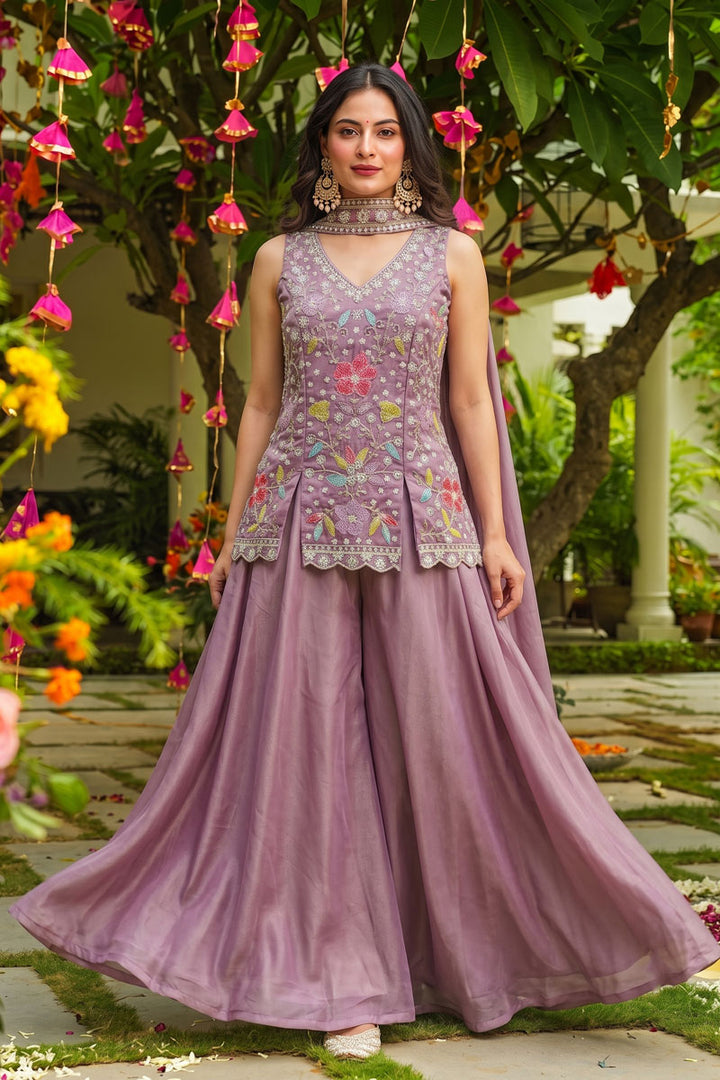 Engaging Lavender Art Silk Fabric Flared Sharara Suit | Buy Online India