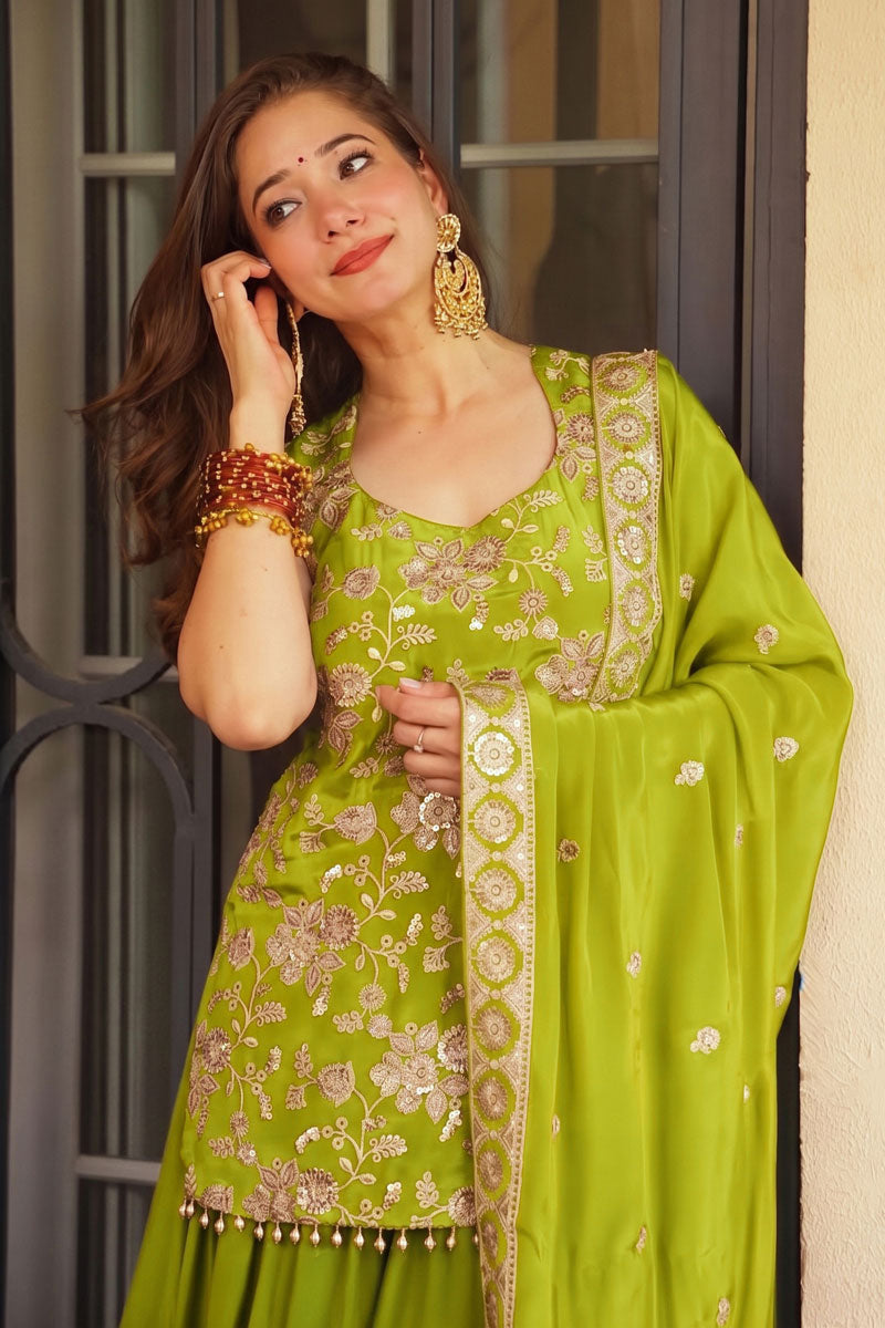 Gorgeous Green Flared Sharara Suit In Art Silk Fabric | Buy Online India