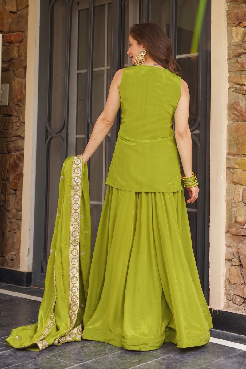 Gorgeous Green Flared Sharara Suit In Art Silk Fabric | Buy Online India
