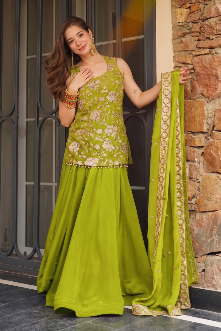 Gorgeous Green Flared Sharara Suit In Art Silk Fabric | Buy Online India