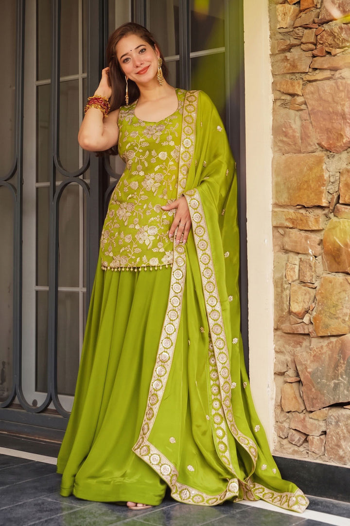 Gorgeous Green Flared Sharara Suit In Art Silk Fabric | Buy Online India