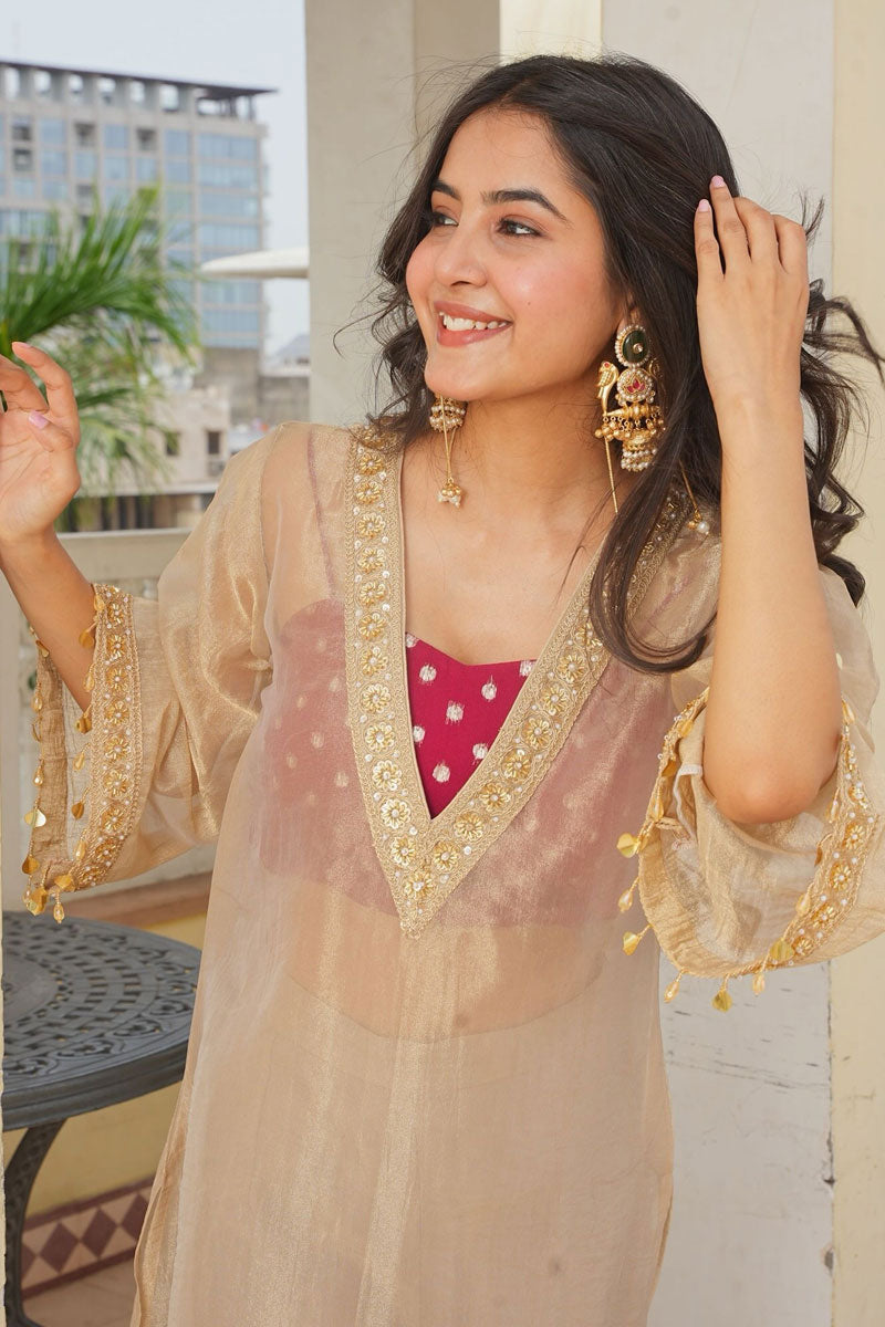 Glamorous Three-Piece Kurta Set In Beige Color | Buy Online India