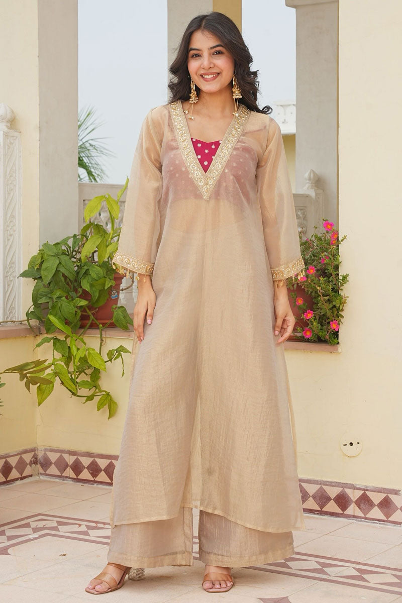 Glamorous Three-Piece Kurta Set In Beige Color | Buy Online India