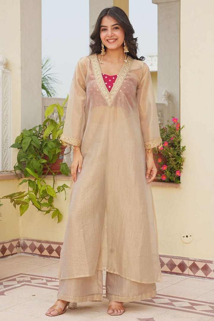 Glamorous Three-Piece Kurta Set In Beige Color | Buy Online India