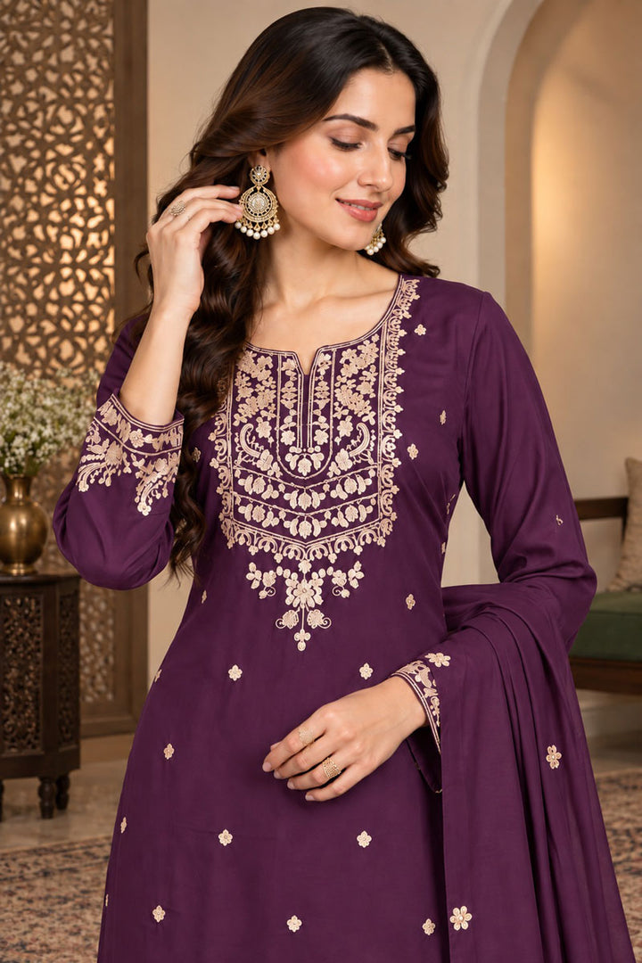 Engaging Purple Chinon Fabric Readymade Palazzo Suit | Buy Online India