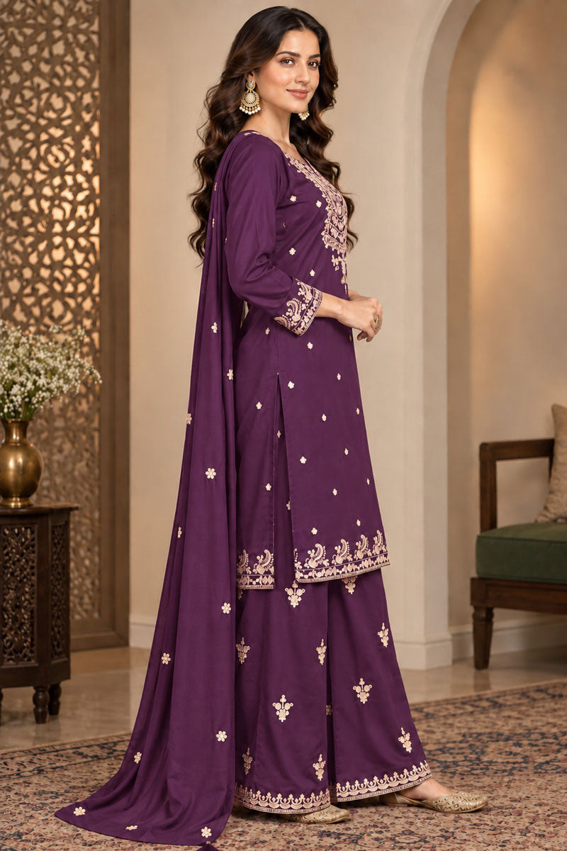Engaging Purple Chinon Fabric Readymade Palazzo Suit | Buy Online India