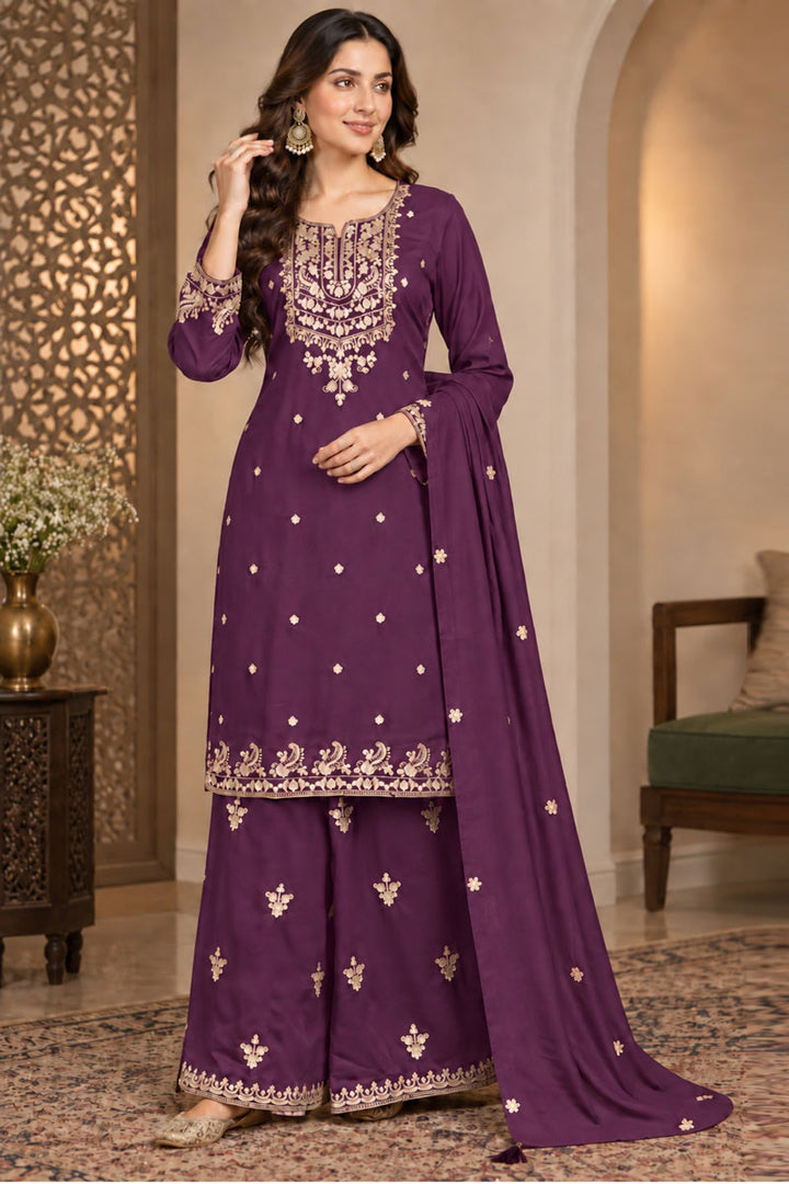 Engaging Purple Chinon Fabric Readymade Palazzo Suit | Buy Online India