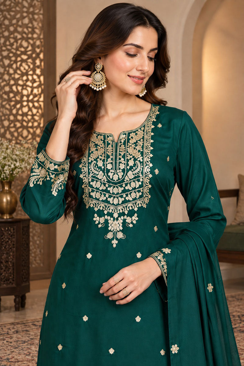 Classic Green Readymade Palazzo Suit In Chinon Fabric | Buy Online India