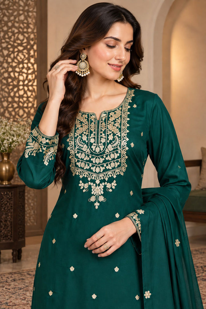 Classic Green Readymade Palazzo Suit In Chinon Fabric | Buy Online India