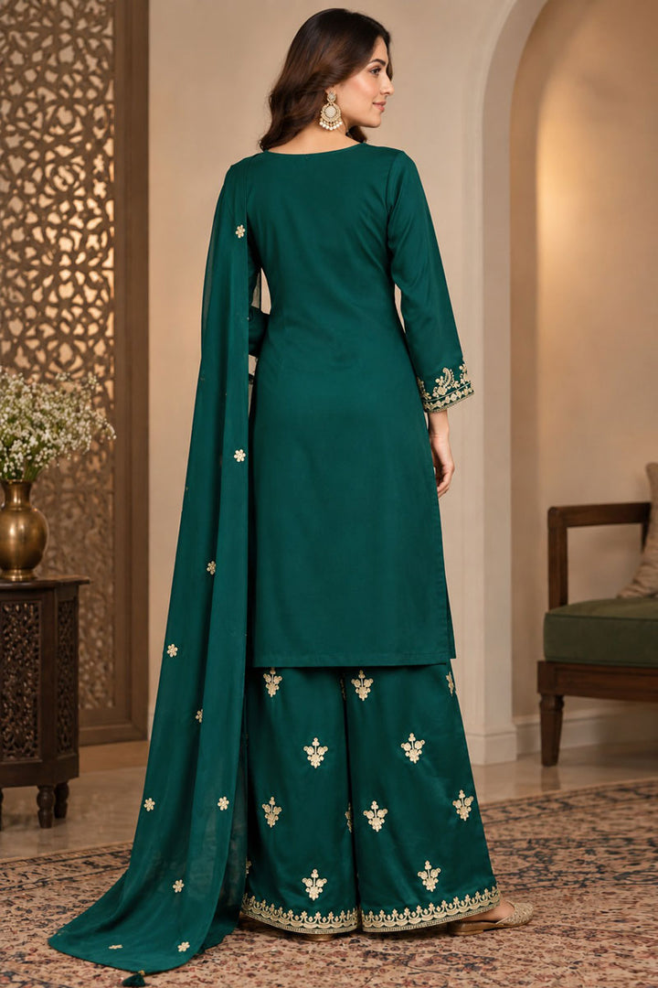 Classic Green Readymade Palazzo Suit In Chinon Fabric | Buy Online India