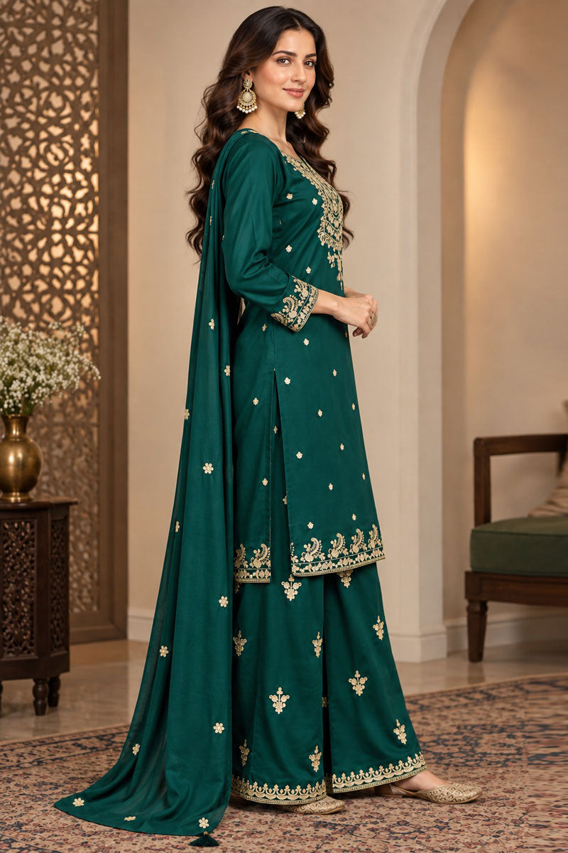 Classic Green Readymade Palazzo Suit In Chinon Fabric | Buy Online India