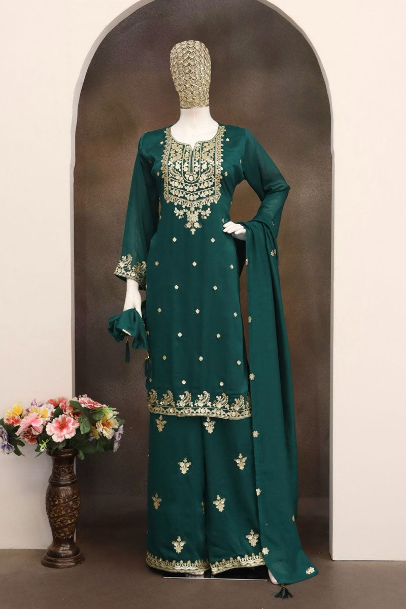 Classic Green Readymade Palazzo Suit In Chinon Fabric | Buy Online India