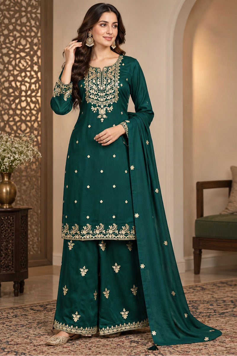 Classic Green Readymade Palazzo Suit In Chinon Fabric | Buy Online India