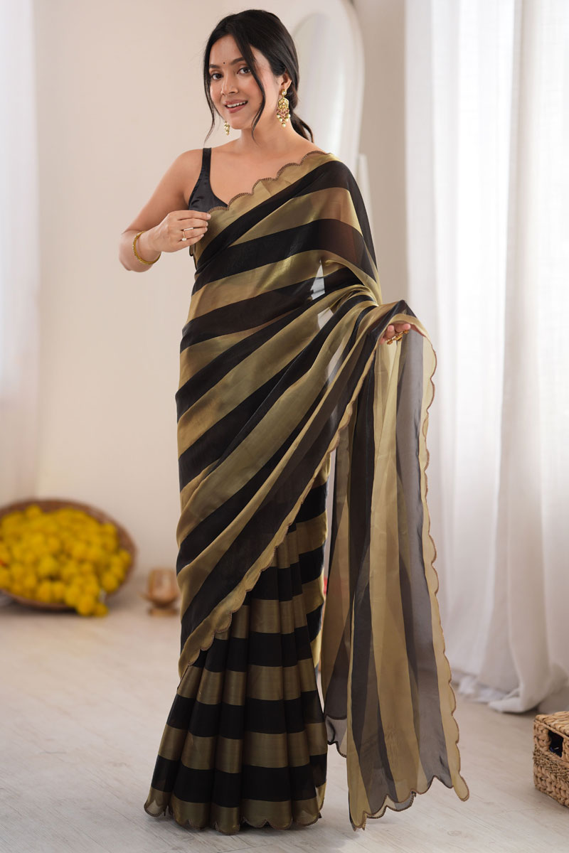 Satin Weaving Pattern Black Saree For Party | Buy Online India