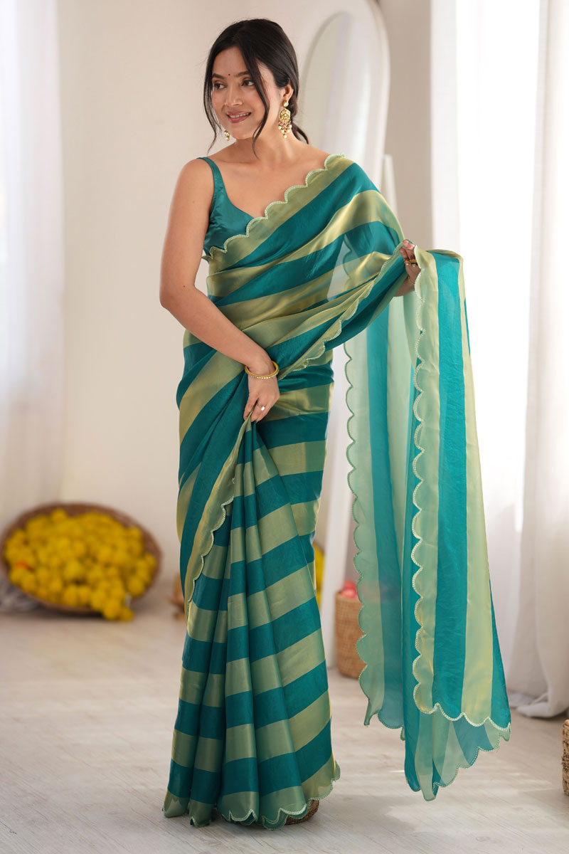 Party Style Satin Weaving Pattern Saree In Teal Color | Buy Online India