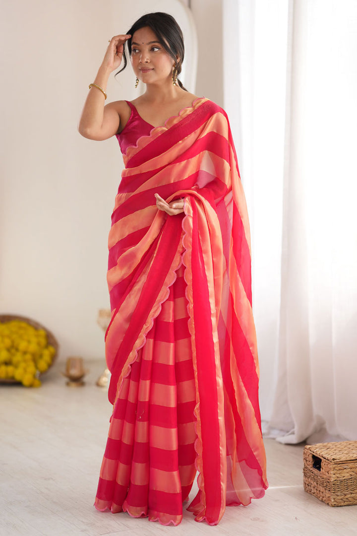 Party Wear Weaving Pattern Red Satin Saree | Buy Online India