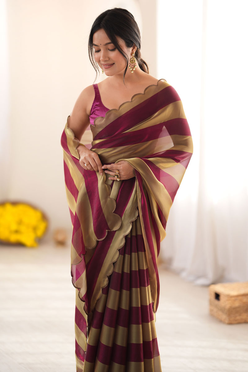 Satin Fabric Weaving Pattern Saree In Wine Color | Buy Online India
