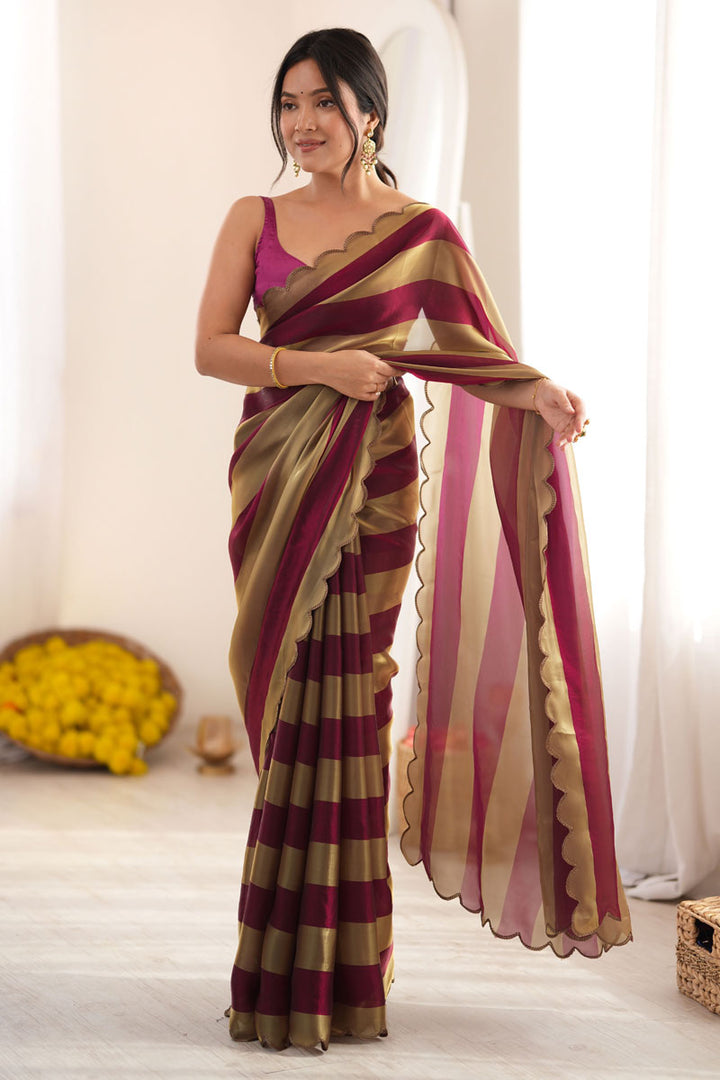 Satin Fabric Weaving Pattern Saree In Wine Color | Buy Online India