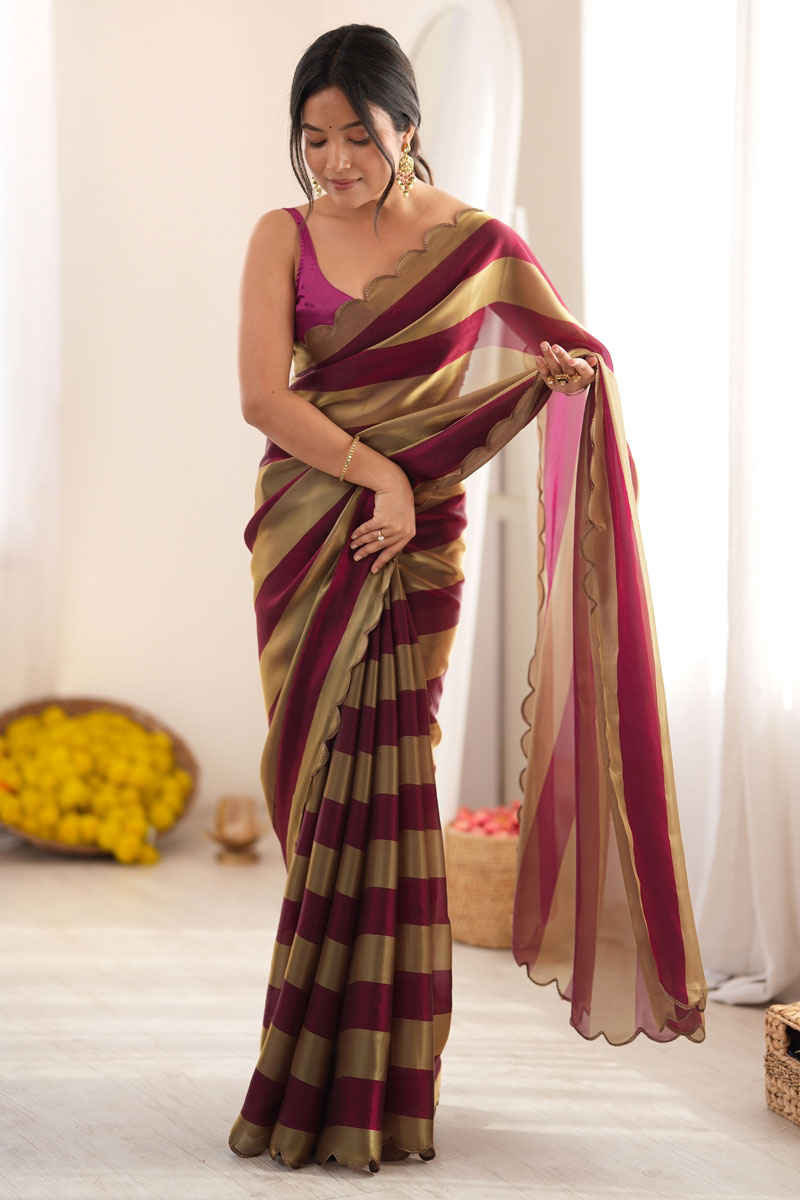 Satin Fabric Weaving Pattern Saree In Wine Color | Buy Online India