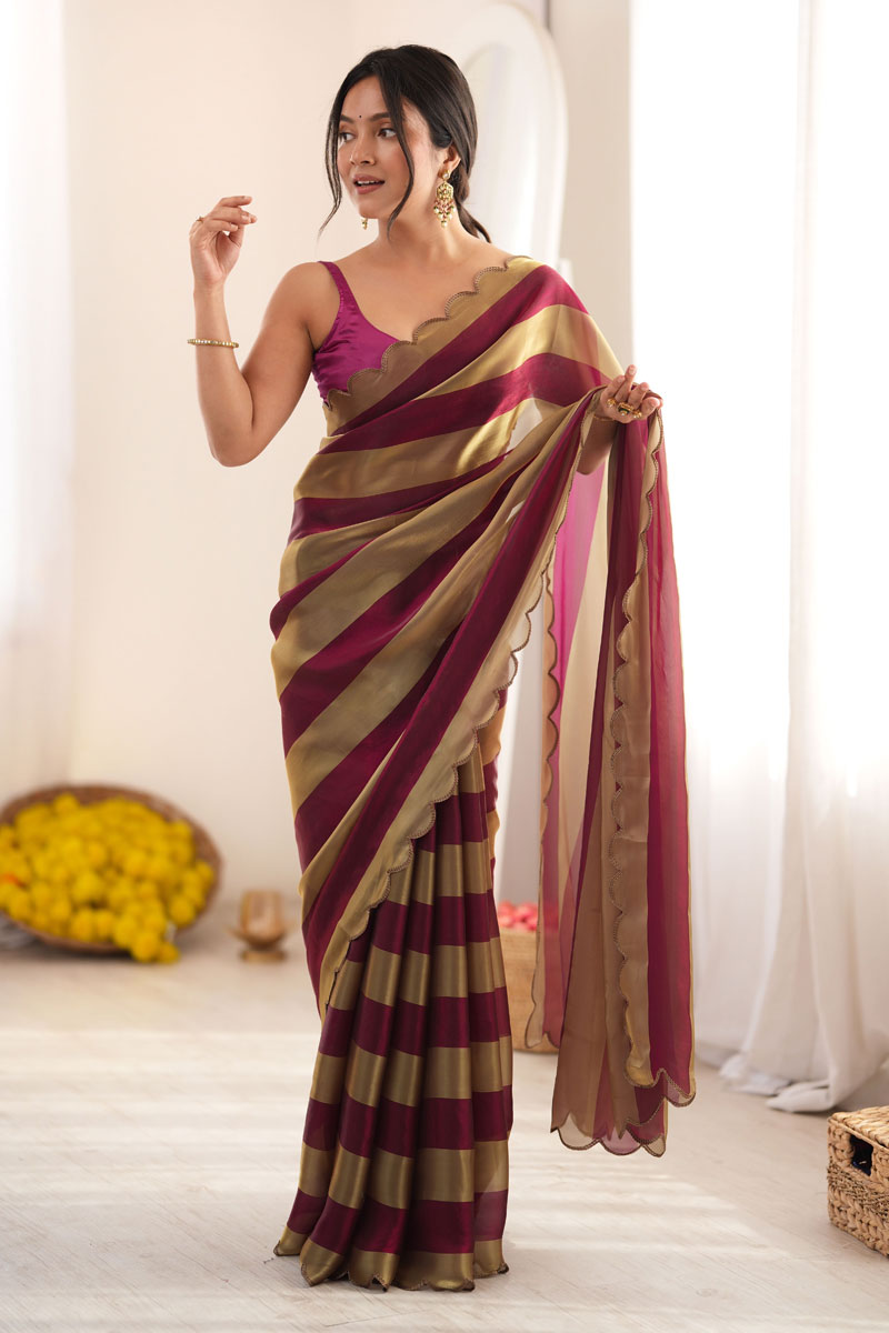 Satin Fabric Weaving Pattern Saree In Wine Color | Buy Online India